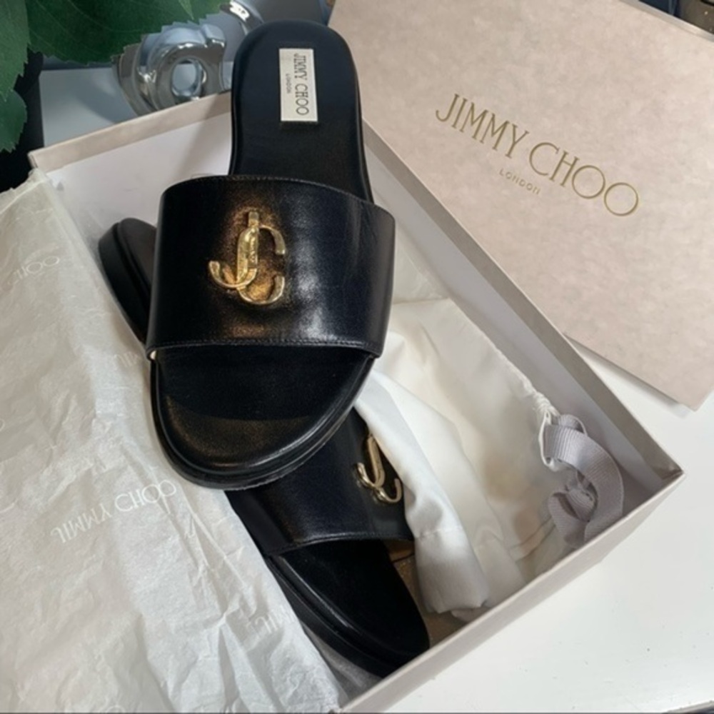 Jimmy Choo Black Smooth Calf Leather Sandals /  Flat Slides with JC Emblem